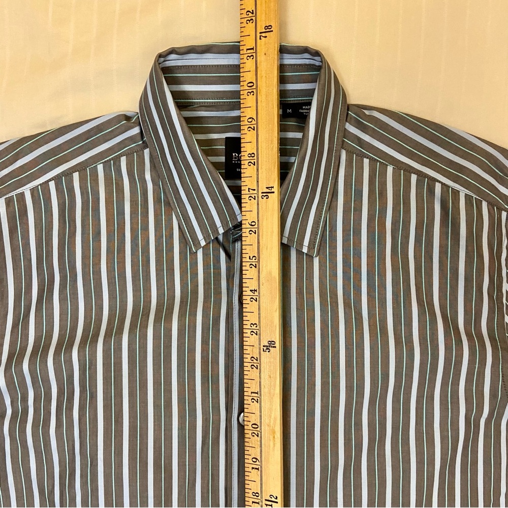 HUGO BOSS slim fit long-sleeve gray/blue/teal striped collared dress shirt sz M - Picture 3 of 11